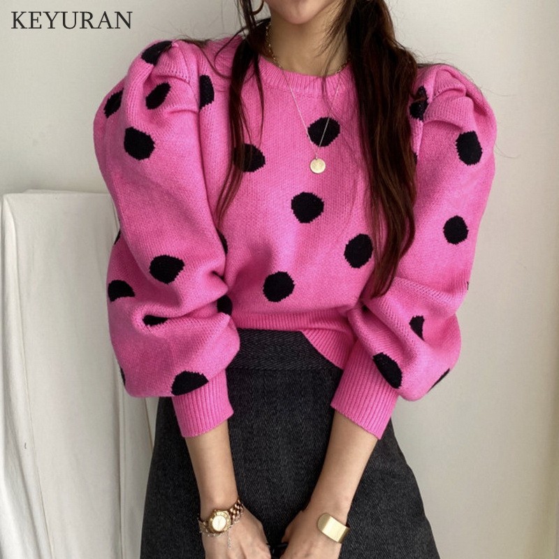 Korean Chic Puff Sleeve Sweater Women Stylish 2022 Autumn Winter Polka Dot Pullover Sweater Women's Knitwear Jumper Tops La
