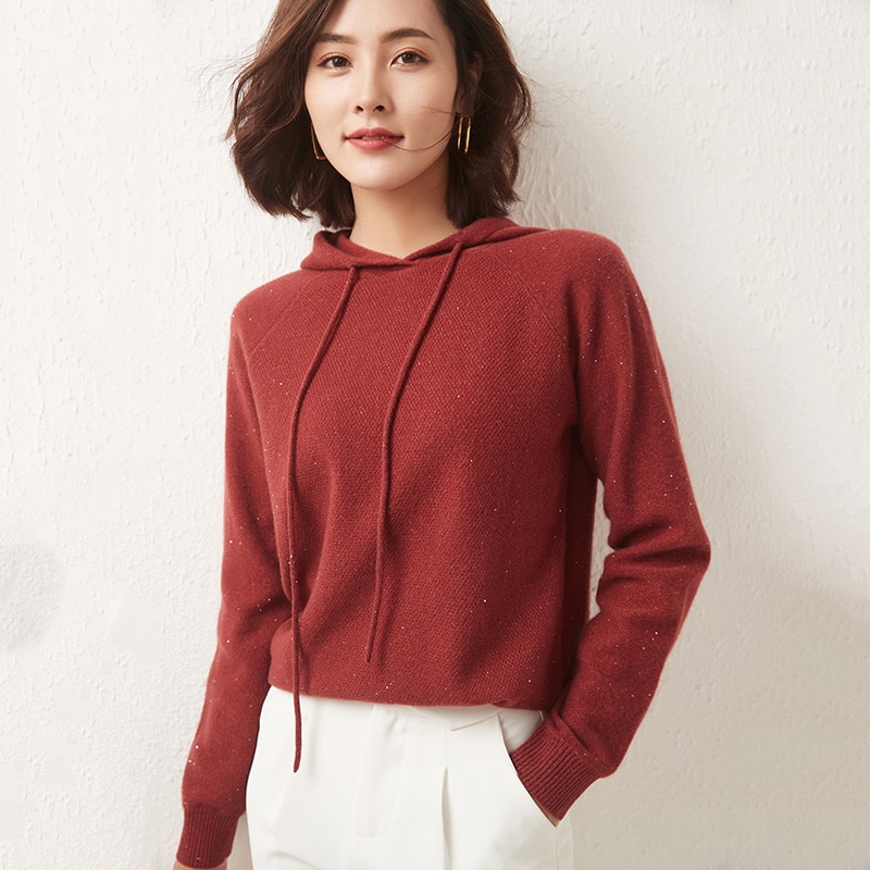 LONGMING Women Sweatshirt 100% Merino Wool Hoodie Winter Warm Wool Knit Sweater Hooded Pullovers Women Knit Tops Y2K Clothes