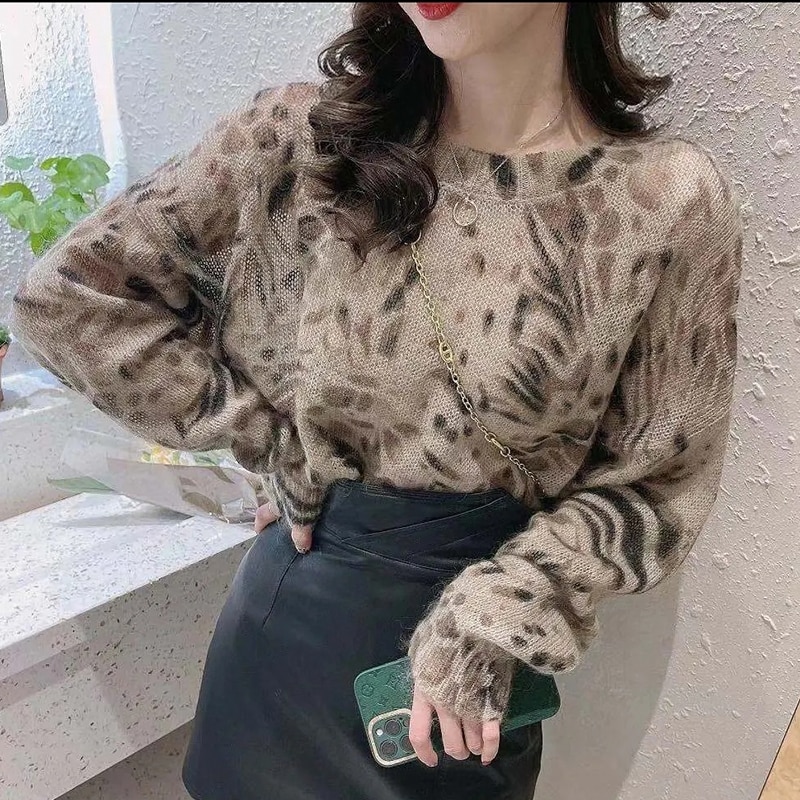 21457 3 room 2 row 4 】 the film web celebrity figure leopard knitting sweater [1317] 50 sets of head