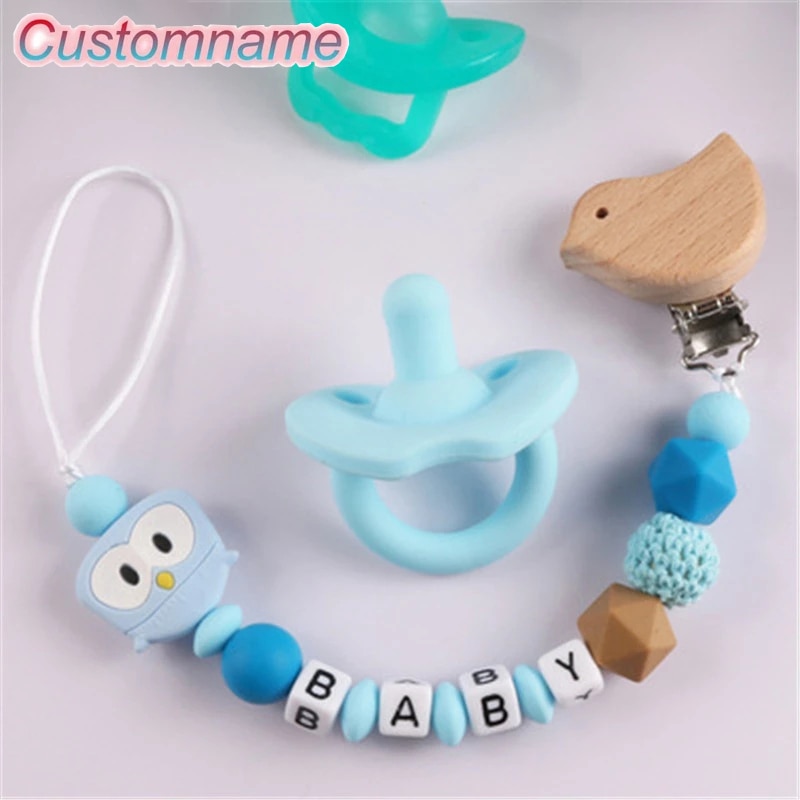1Pcs Baby Silicone Blue Pacifier Custom Personalised Name Silicone Pacifier Clip Silicone bird Beech Clip Crochet Bead Pacifier