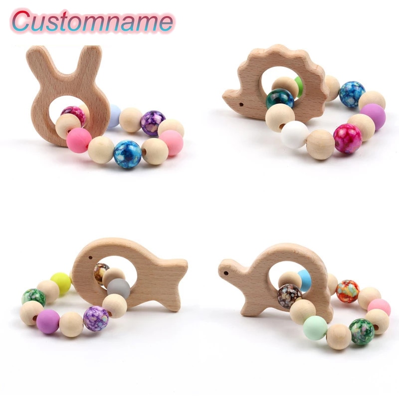 1Pcs Baby Silicone Animals Teether Nursing Bracelets Wooden Silicone Teether Chew Beads Teething Wooden Rattles Food Grade Gifts