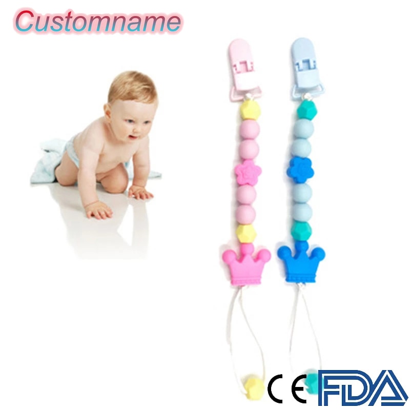 1Pcs Baby Silicone Bead Beech Flowe Crown Star Clip Pacifier Chain Chewable Baby Wooden Teether Holder Chain for Newborn Kid Toy