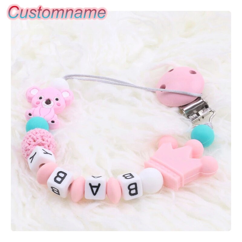 1Pcs DIY Baby Pink Silicone Personalised Name Baby Pacifier Clips Crochet Beads Silicone Crown Pacifier Chain Holder Shower Gift