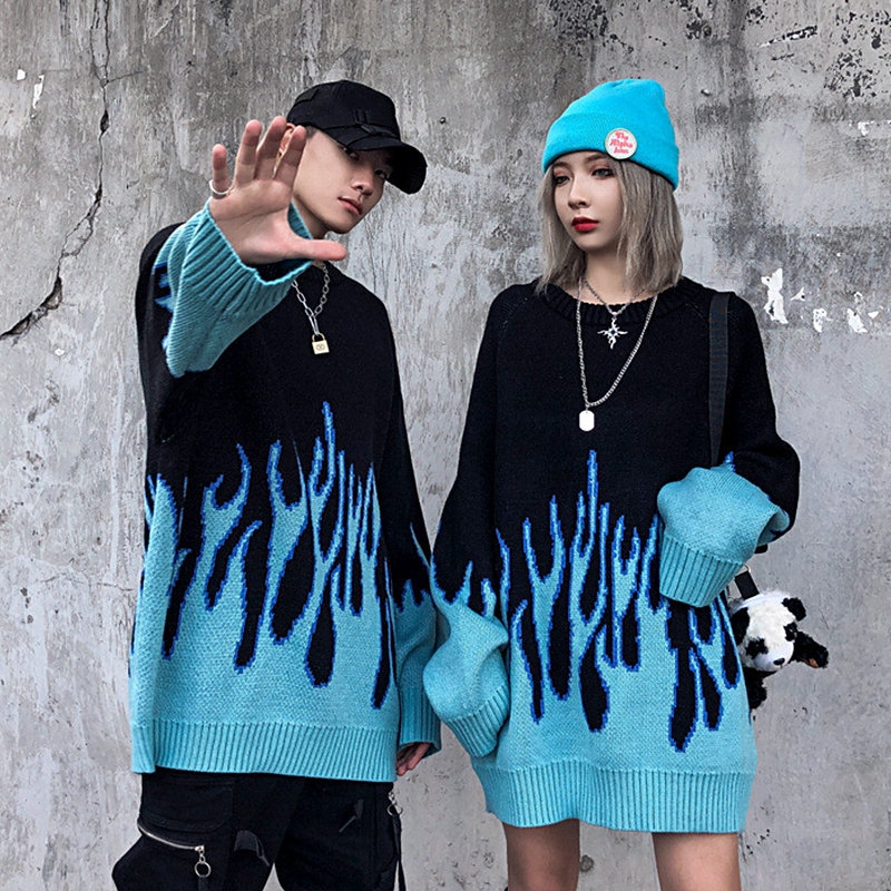 2021 New Warm Sweater Lovers' Flame Day Loose Round Neck Pullover Long Sleeve Sweater Men's And Women's Hip Hop