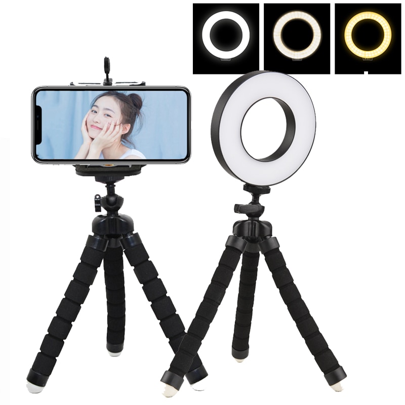 16CM LED Ring Light Cellphone Holder 10 Adjustable Brightness 3-Colored Circle Lamp with Desktop Tripod for Laptop Live Stream