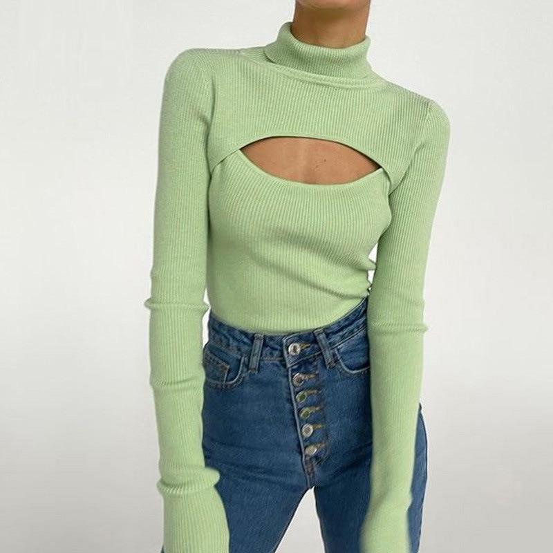Ribber Kintted Turtleneck Long Sleeve Sweater Women Ladies Autumn Winter Sexy Hollow Out Open-chested Pullovers Sweaters 2021