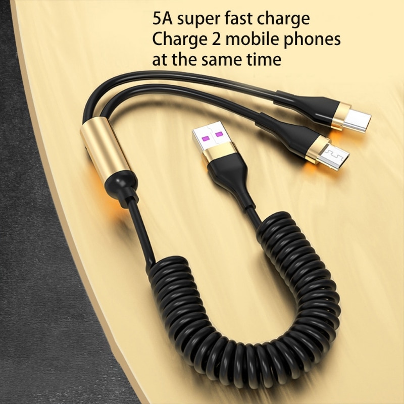 Dual Type C Spring Extension Charging Line Power up to Two USB C Devices at Once Supports 5A Fast Charging Flexible