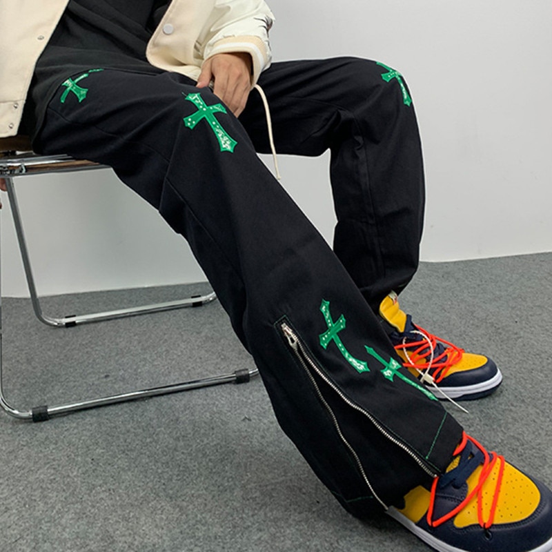 2021 Kpop Cross Embroidery Ankle Zipper Streetwear Men Flare Baggy Pants Travis Scott Casual Punk Women Trousers Pantaloni Uomo