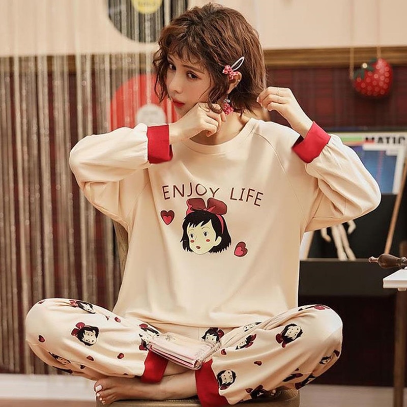Women Pajamas Set 2 Pieces Long Sleeve Sleepwear Japan Anime Kiki Delivery Service Pijama Mujer Home Clothes Autumn Nightgown