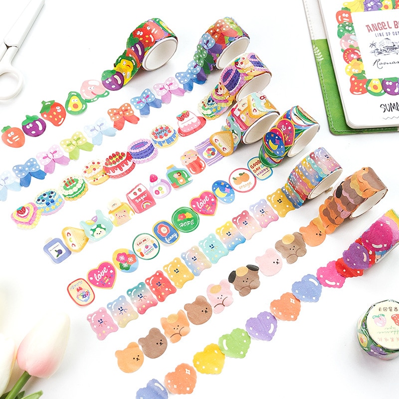 1 Roll/100 PCS Candy Color Cute Cartoon Bear Fruit Cake Milk Bowknot Heart Masking Tape for Scrapbooking DIY Diary Crafts