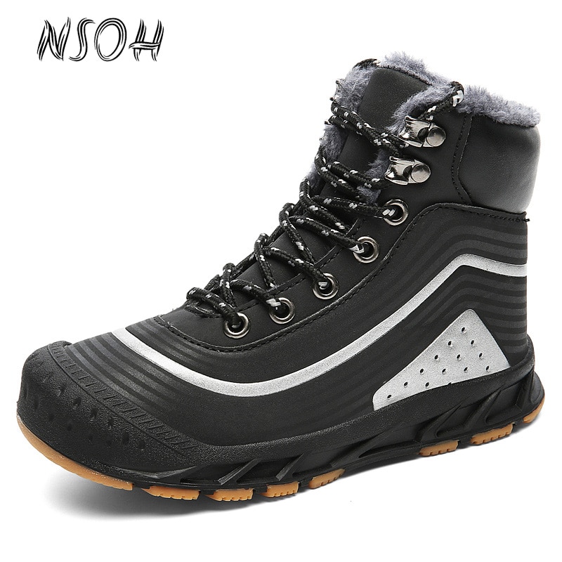 NSOH Boys Snow Boots Plus Velvet Warm Kids Snow Boots Rubber Sole Non-slip Wear-resistant Winter Shoes Lace-up Platform Shoes
