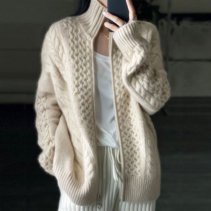 Autumn And Winter New Thick Turtleneck Cashmere Knitted Cardigan Women's Loose Wool Sweater Cardigan Larg Size Female Jacke