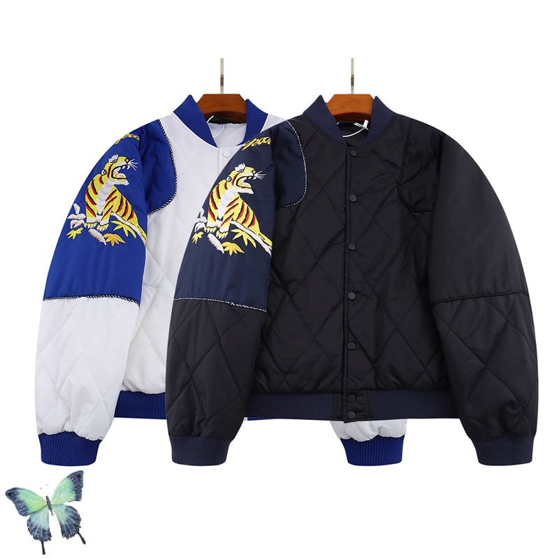 Winter Men Women Button Baseball Warm Thick Jacket Embroidered Tiger Bomber Jacket