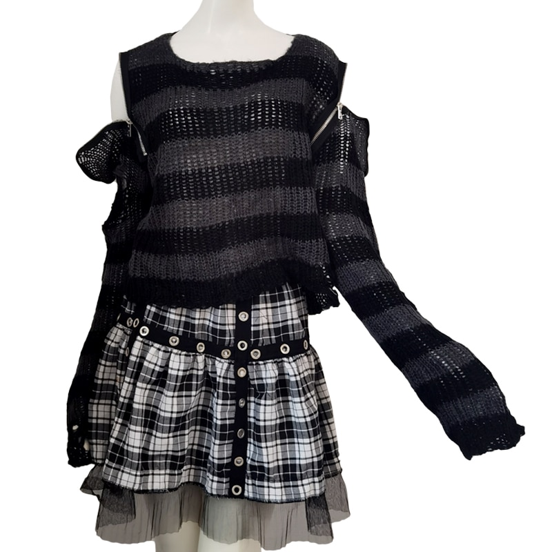 Y2k Lady Thin Zipper Off Shoulder Hollow Out Short Sweaters Gothic Striped Gray Red Women Punk Sweater Knitted Crop Harajuku Top