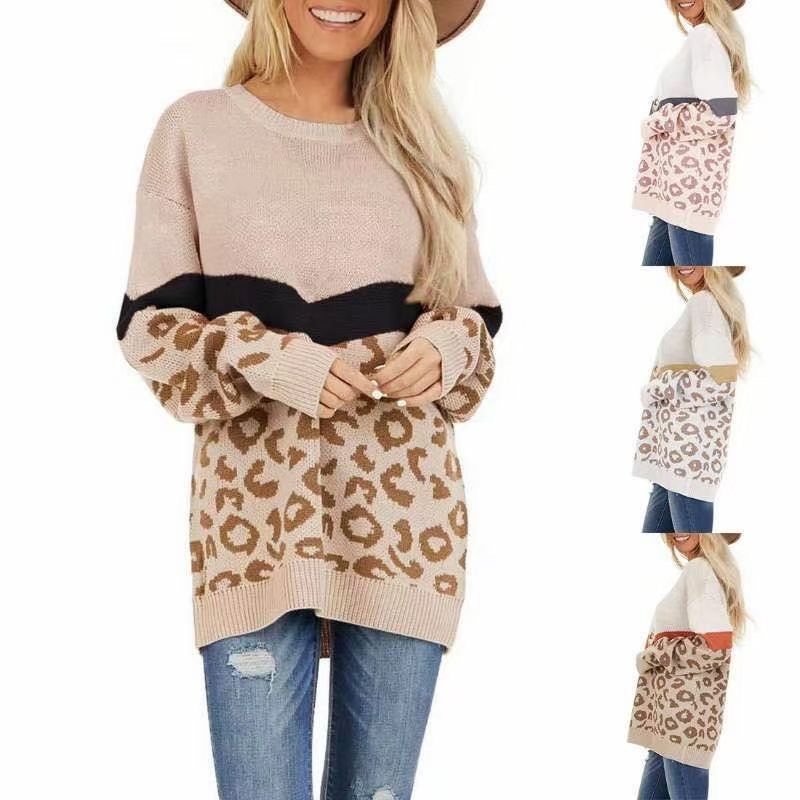 Leopard Patchwork Cashmere Sweater Women Loose Casual Knitted Pullovers Autumn Soft Knitwear Female Retro Jumper