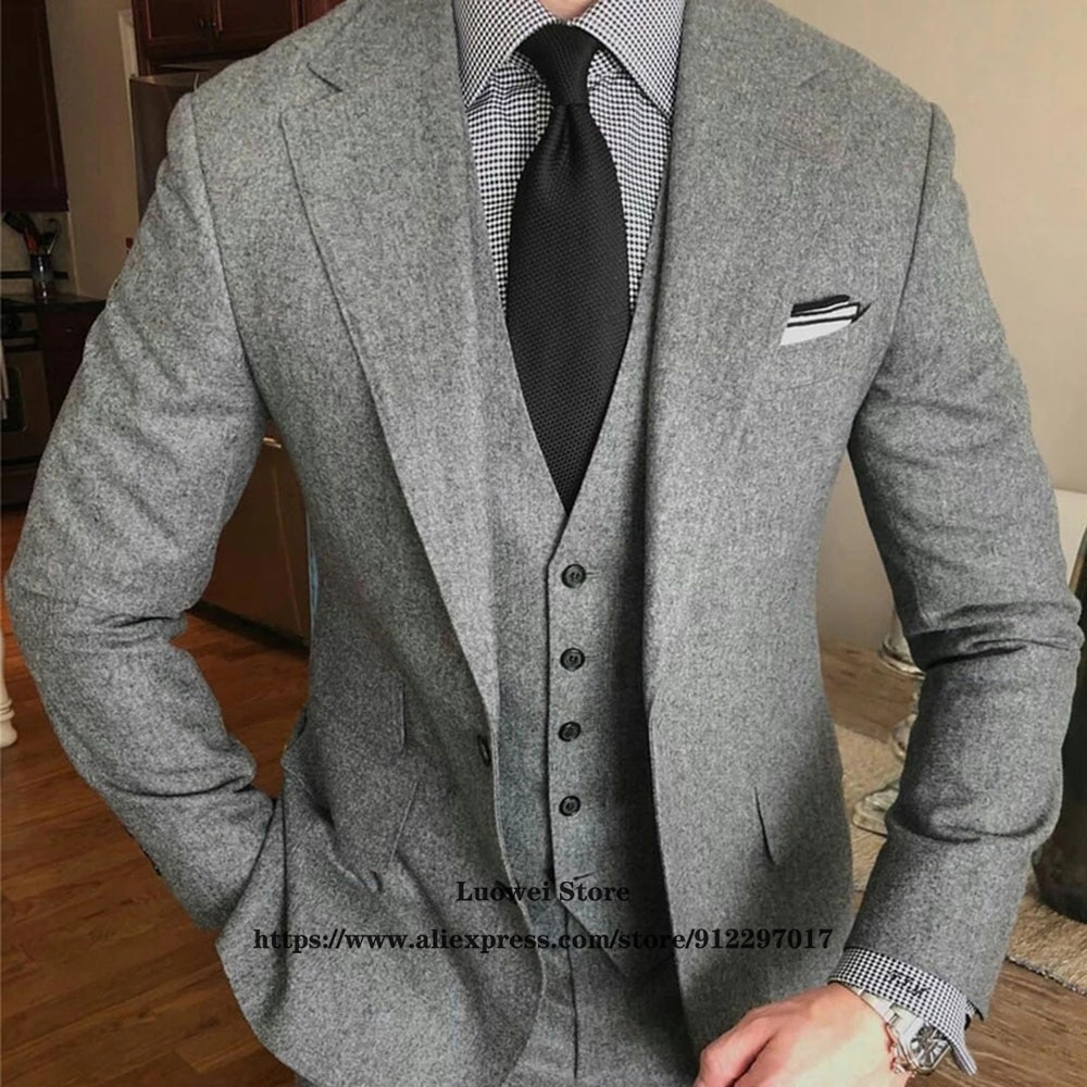 Classic Winter Wool Tweed Men Suits For Groom Wedding Prom Tuxedo 3 Piece Jacket Vest Pants Set Formal Business Blazer Masculino