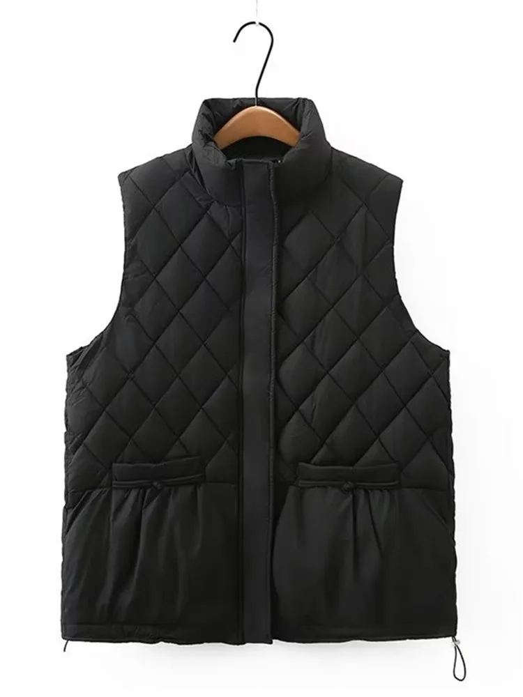 Plus Size Women's Clothing Sleeveless Cotton Coat Stand Collar Zipper Vest Quilted Thermal Vest With Center Layer For Winte