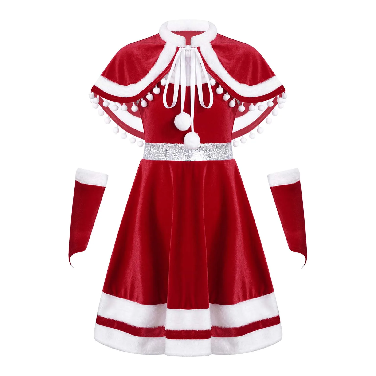 Kids Girls Christmas Dress with Cloak Arm Sleeves 3Pcs Set Santa Claus Red Velvet Fluffy Tutu Dress Party Princess Dresses 4-14Y