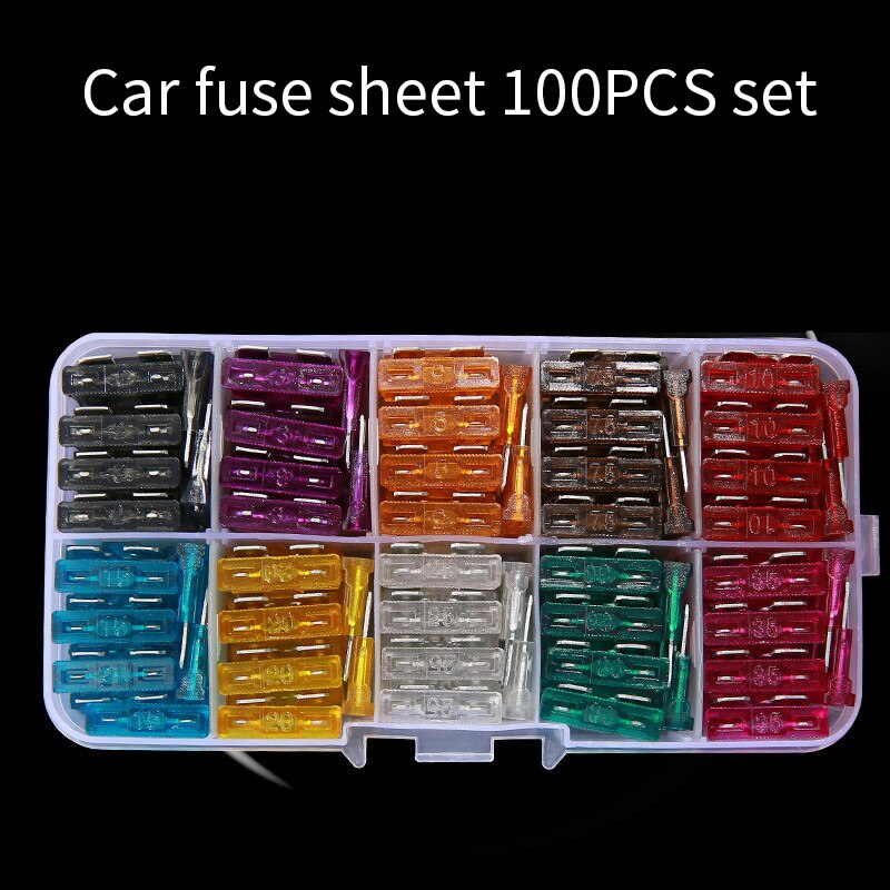 Medium sized automobile fuse 2a3a5a7.5a10a15a20a225a30a35a box with 100 fuse pieces