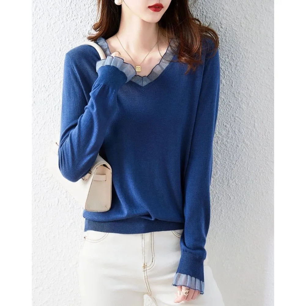 Spring Autumn Winter Thin Seater Blue Gray V Neck Knitted Long Sleeve Pullover Girls Woman Elegant Top Clothes
