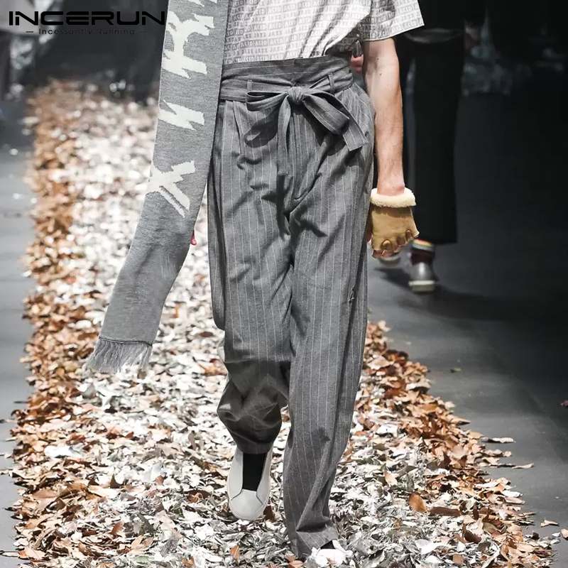 INCERUN New Men Casual Streetwear Style Pantalons Loose Fashionable Male Party Shows Long Pants Leaf Tie Striped Trousers S-5XL