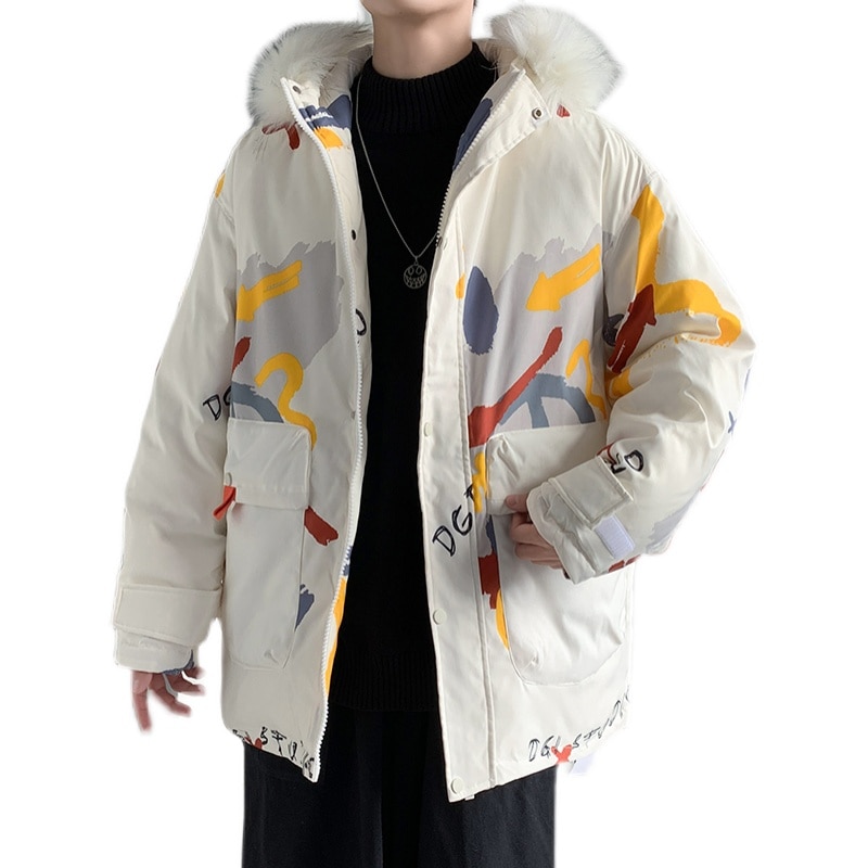 Men's Windproof Coat Graffiti Printing Hip-hop Plush Hooded Cotton-padded Jacket Thick High Quality Winter Trendy Male Clot