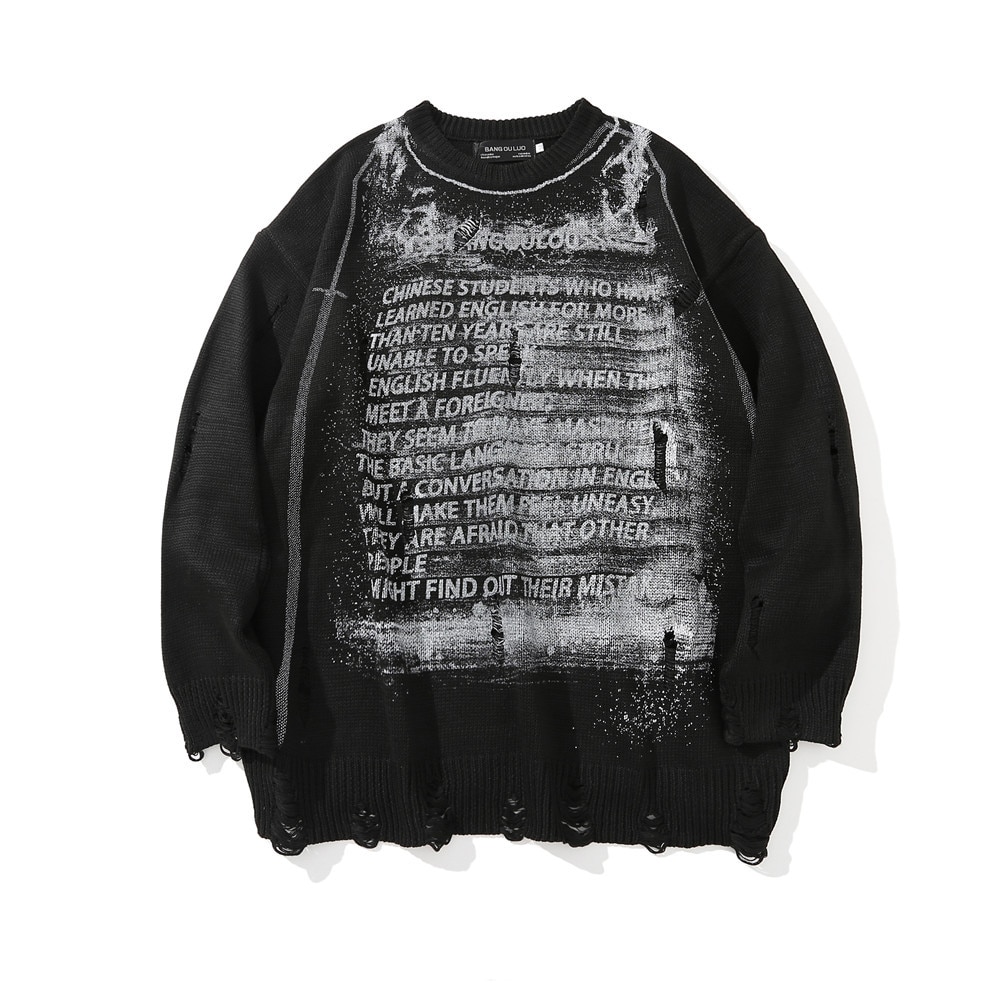 Dark Streetwear Black Hole Ripped Oversized Men Hip Hop Knitted Sweater Beggar Punk Women Pullover Rubbish Clothes Pull Homme