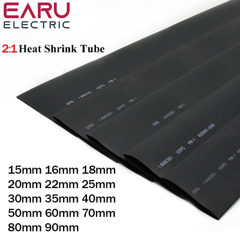 1M 2:1 Black 15mm 16mm 18mm 20mm 22mm 25mm 30mm 35mm 40mm 50mm 60mm 70mm Heat Shrink Heatshrink Tubing Tube Wire Dropshipping