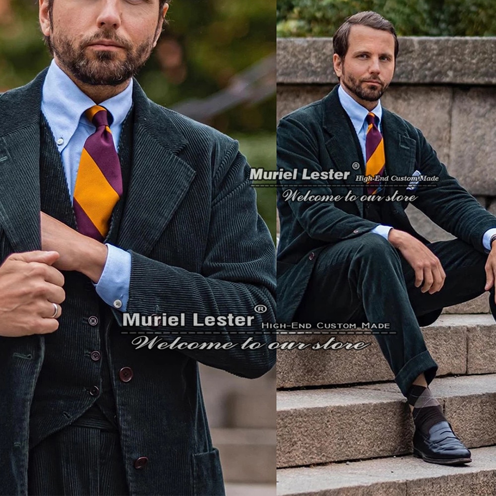 Autumn/Winter Green Corduroy Wedding Suits For Men Tailor-Made Costume Homme Mariage Dress 3 Pieces Set Business Work Party 2022