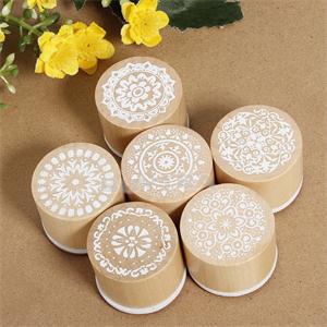 6pcs/SET Assorted Retro Vintage Floral Flower Pattern Round Wooden Rubber Stamp Scrapbook DIY Tool
