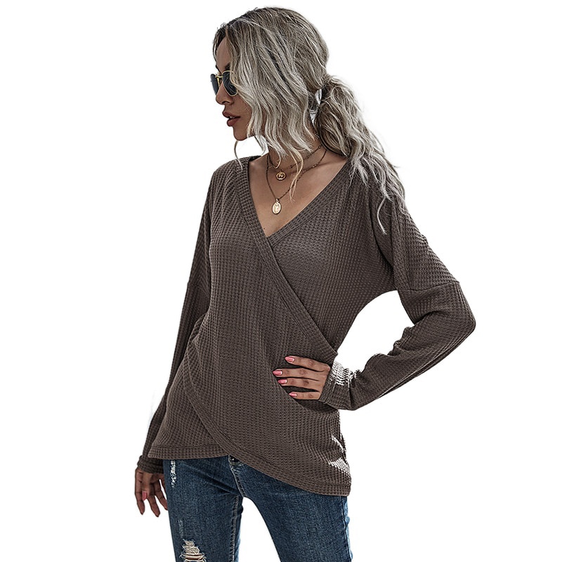Womens Summer Autumn V Neck Shirts Long Sleeve Waffle Knit Loose Fitting Warm Tee Tops Pullover Basic Slim Fitted Sweaters