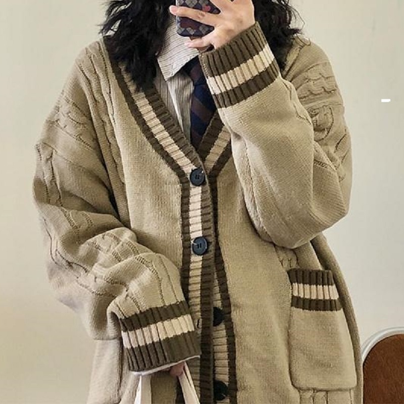 Deeptown Korean Style Sweater Knitted Cardigan Women Vintage Patchwork Oversize Jumper Women Preppy Fashion V-neck Pocket Jacket
