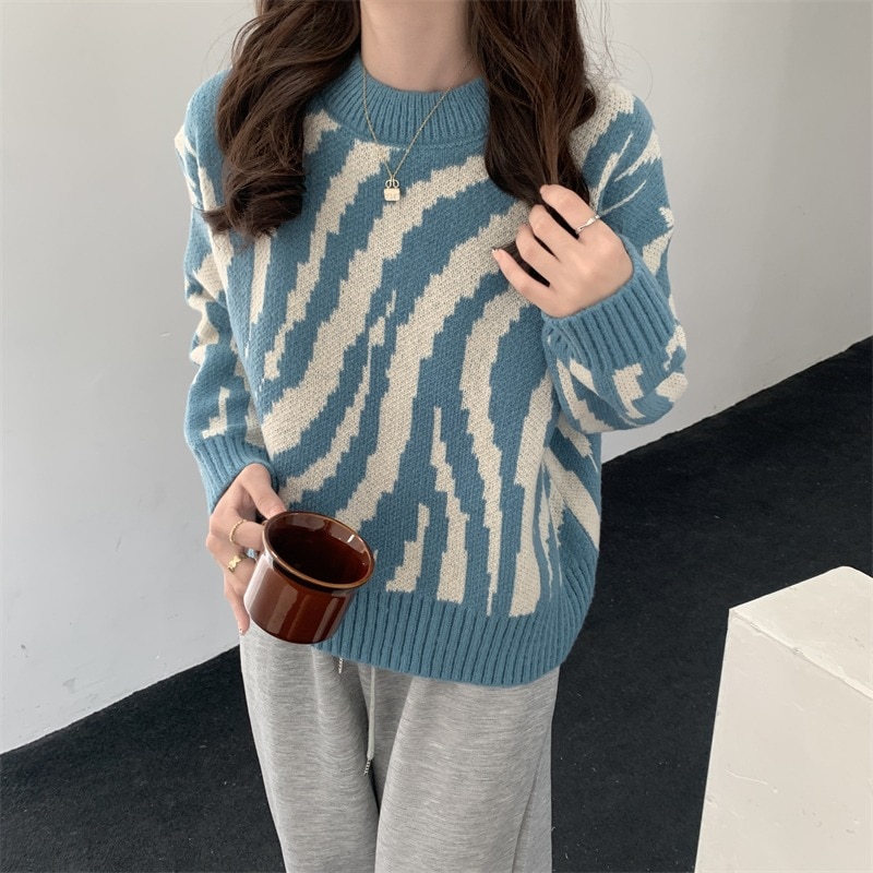 Sanmuzi fast fashion women's clothing ~ autumn retro lazy wind zebra jacquard loose Pullover thin sweater