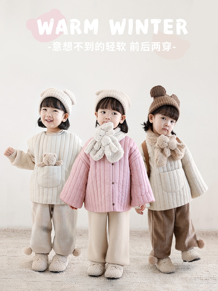 Girls Winter on Both Sides Wear Cotton Vest Three-Dimensional Plush Doll Pocket Baby Loose Coat Scarf Trend