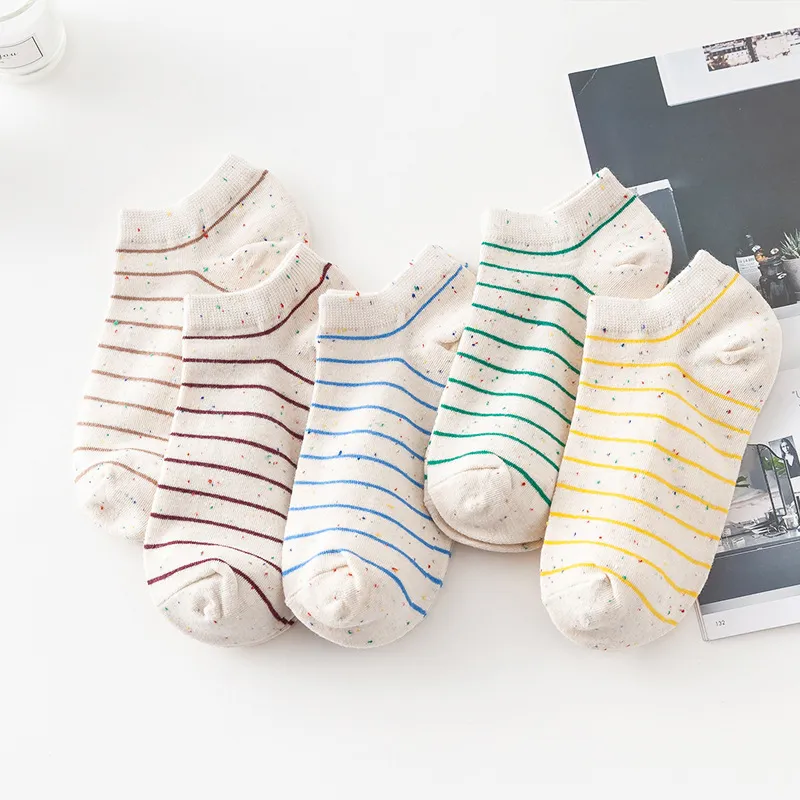 10 Pieces=5 Pairs Vogue Cotton Colorful Stripe Dots Spot Women Lovely Short Socks Cute Harajuku Low Girls Student Cool Ankle Sox
