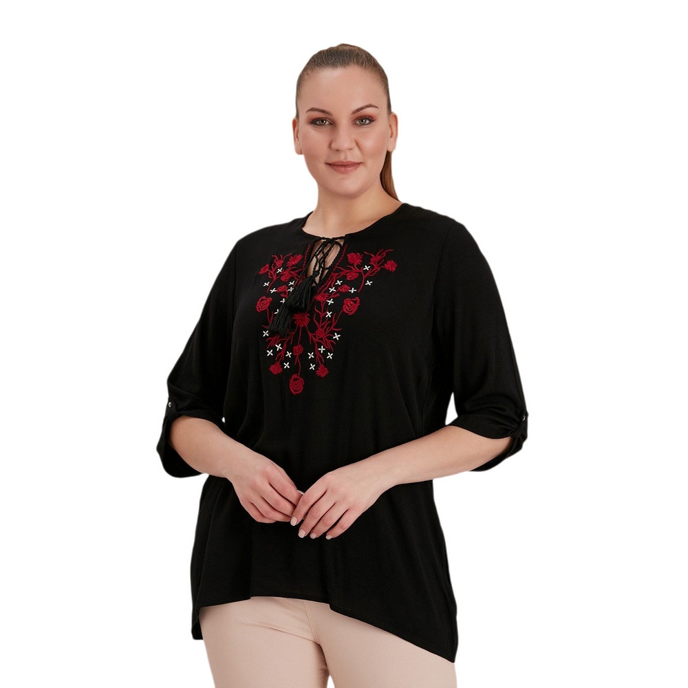Fierte Women Plus Size Blouse Rg4312 Round Lacing Collar Embroidery Detail Folding Sleeve Summer Casual Black Green Indigo