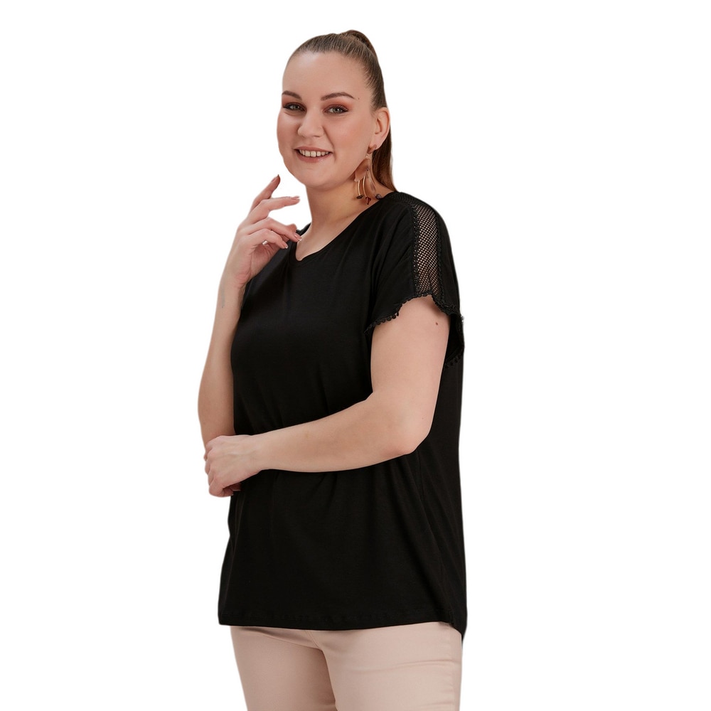 Fierte Women Plus Size Blouse Rg4561 Round Neck Mesh Shoulder Detail Short Sleeve Sport Combed Cotton Spring Summer Slim Casual 