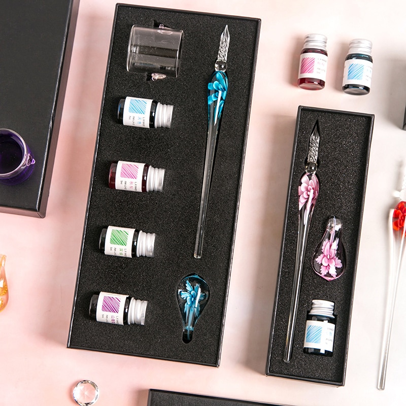 Flower Glass Dipped In Water Pens Student Stationery Glass Pencil New Glass Signature Pens Gift Pencils Set