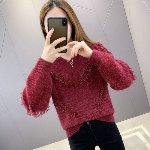 Wine Red Tassel Lady Plush Winnter V-Collar Pullover Warm Sweater Women's Sweaters Women Girl Pull Slim Top Outer Coat Clot