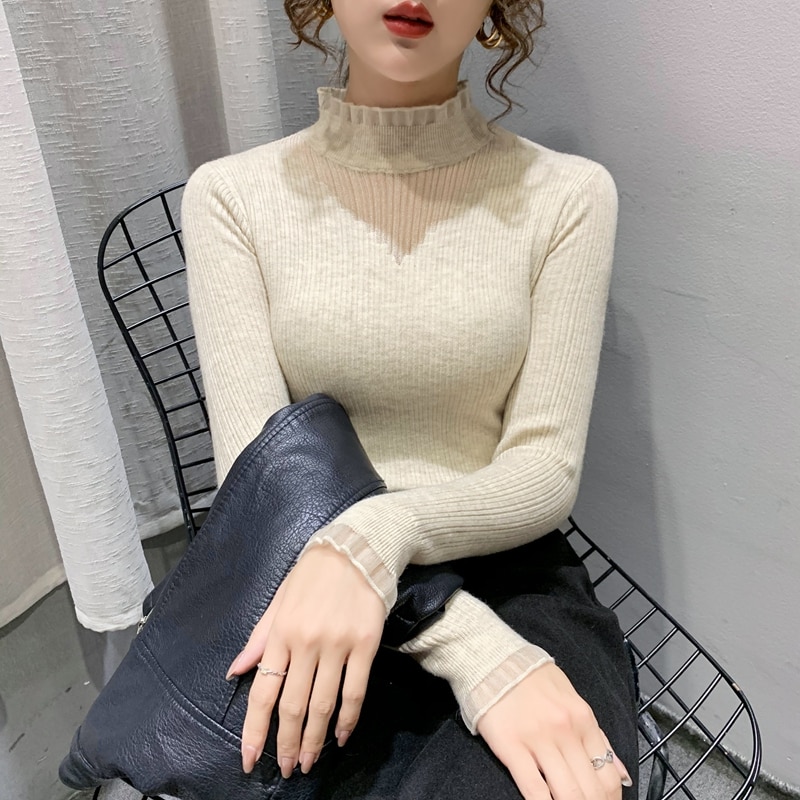 Room 215821, 7 in row 6 】 make lace pure color half a turtleneck knitting render unlined upper garment to 34