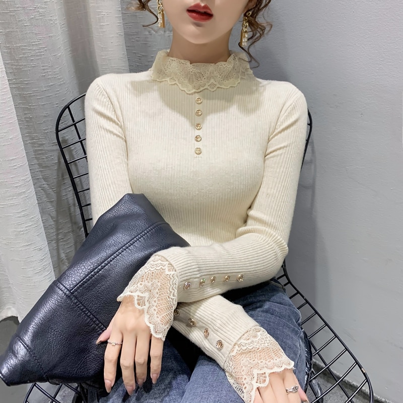 Room 215996, row 3, No. 6 lower] real shooting lace button half high neck knitted bottomed shirt [2000] 35