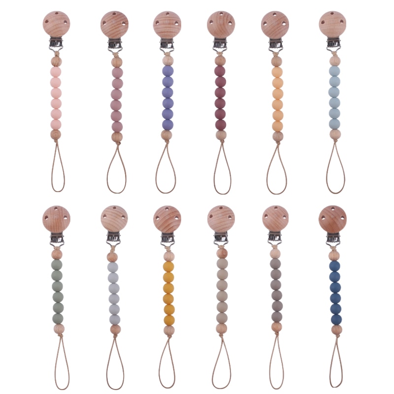 12MM Silicone Pacifier Clips Chain Three Hole Beech Wood Pacifier Holder Nipple Clips for Infant Baby