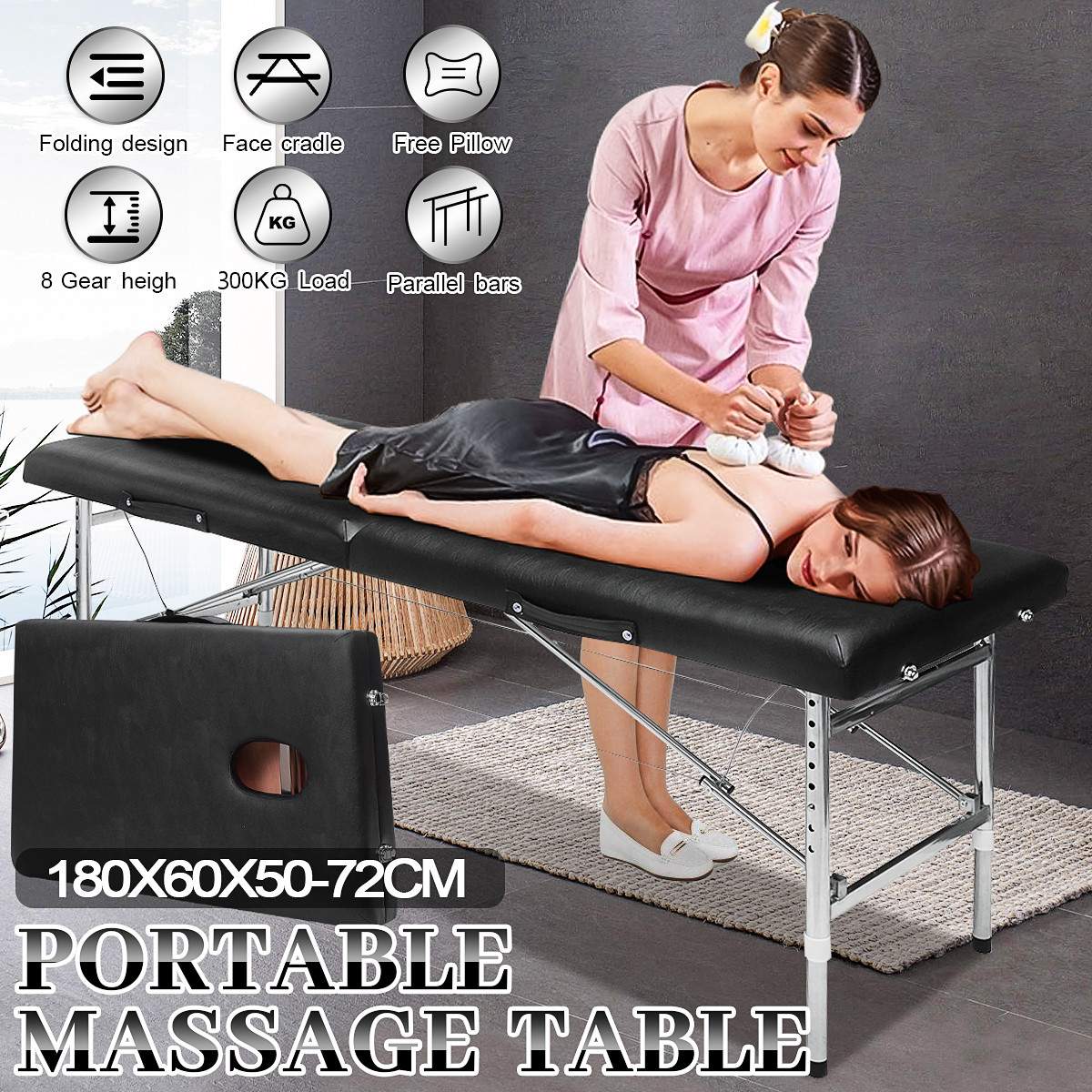 71" Massage Table Portable 2 Section Folding Couch Bed Lightweight Facial Beauty Spa Salon Tattoo Therapy Wooden Frame Head