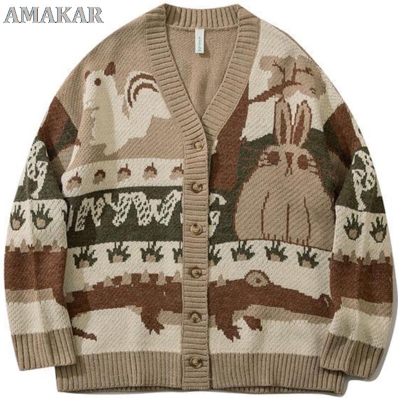 Vintage Cardigan Oversized Sweater New Japanese Harajuku Cartoon Knitted Sweater Pullover Hip Hop Streetwear Loose Knitwear Tops