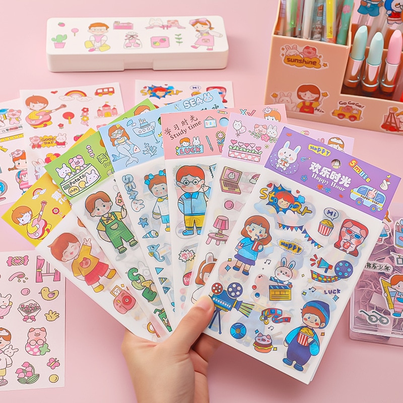 4 pcs/set Catoon Happiness Time Kids Stickers Diy Scrapbooking Journaling Stationery Diary Sticker School Office Decor Cute Gift