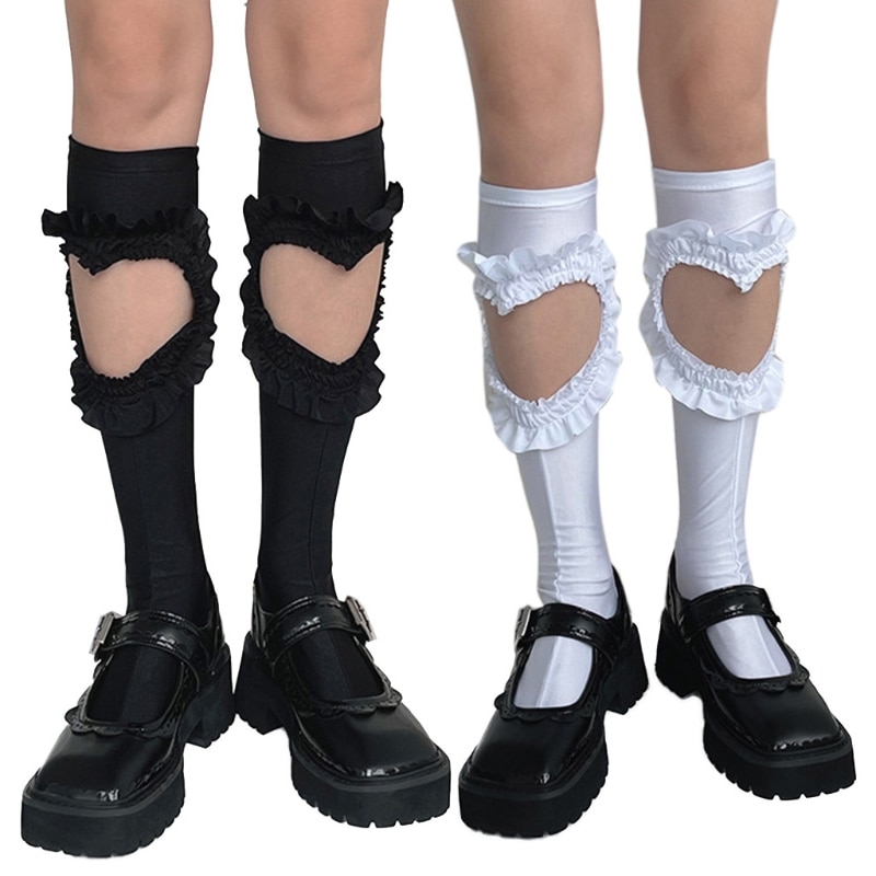 Y1UE Women Gothic Hollow Out Love Heart Calf Socks Harajuku Lolita Ruffled Patchwork Solid Color Student Knee High Stockings