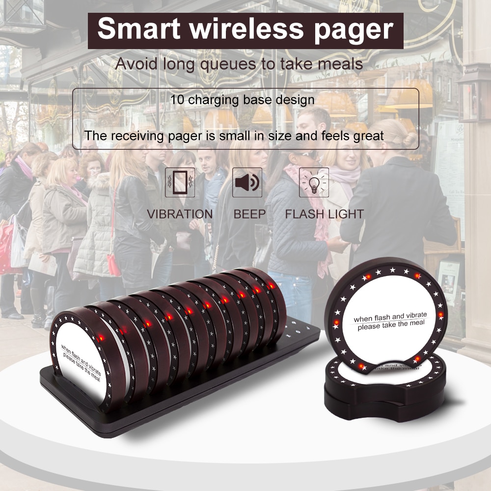 JINGLE BELLS Wireless Coaster Buzzers Paging System 1 Keyboard 10 Pagers Calling for Restaurant Cafe Church Nursery Hospital