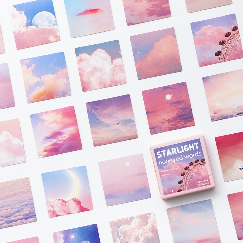 46Pcs/Box Pink Scenery Cloud Pattern Scrapbooking Bullet Diary Journal Decorative Aesthetic Sticky Notes Stationery Stickers
