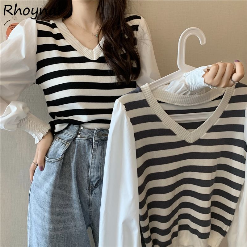 Pullovers Women Patchwork V-neck Baggy Korean Style Harajuku Teenagers Vintage Sweater Autumn All-match Chic Mujer Tender Cozy
