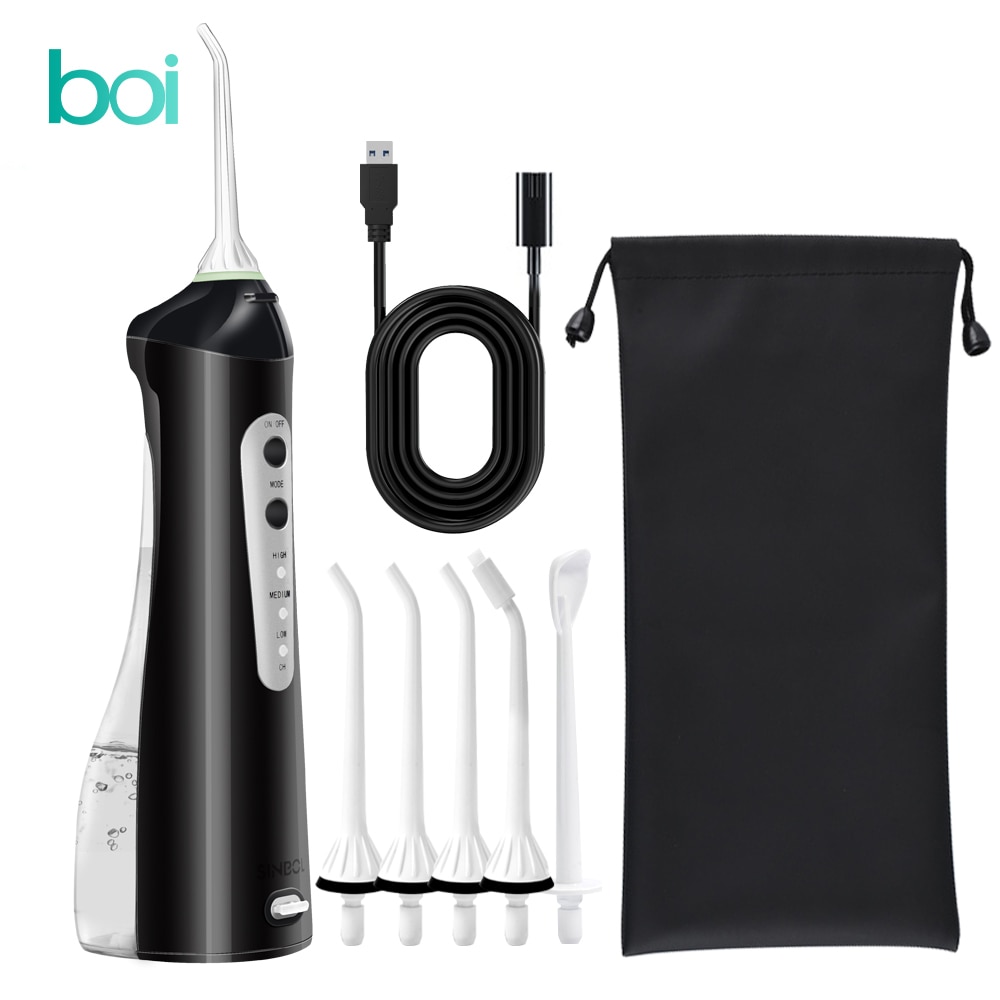 Boi Black 5 Nozzles Wireless Portable Smart Oral Irrigator Washable High Frequency Pulse Dental Water Jet 200ML Teeth Cleaner
